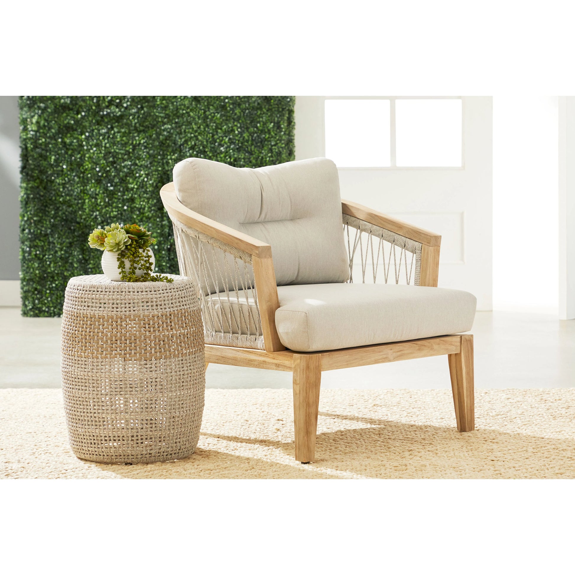 Web Club Chair by Essentials For Living in gray, taupe, white, pumice. Made from solid teak, aluminum, 100% olefin rope, 100% olefin fabric in a coastal style.