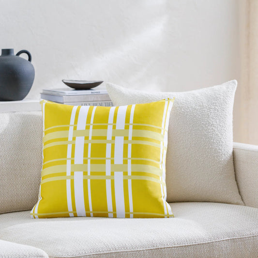 Weave Pillow - 481706 by Livabliss in mustard, off-white, wheat, light khaki. Made from front: 100% polyester, back: 100% polyester in a modern style.