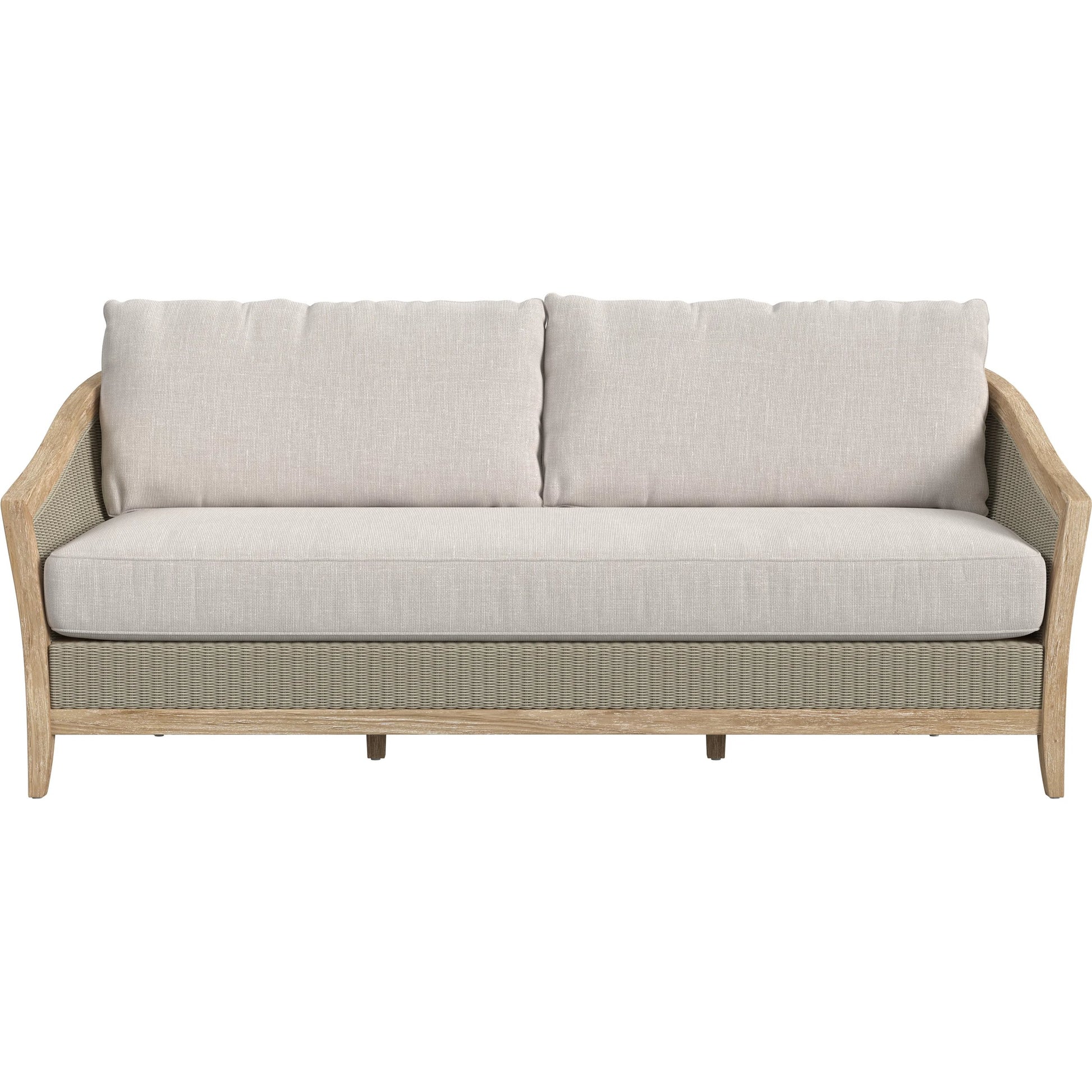 Cambria Outdoor Sofa by Sunset West in light wood. Made from teak in a rustic style.