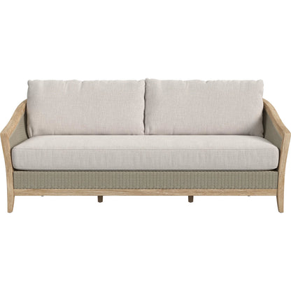 Cambria Outdoor Sofa by Sunset West in light wood. Made from teak in a rustic style.