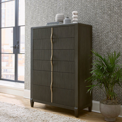West End Loft 6-Drawer Chest by Pulaski Furniture in tuxedo. Made from rubberwood in a modern style.