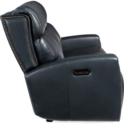 Ruthe Zerog Power Sofa by Hooker Furniture in salvo denim. Made from leather in a traditional style.
