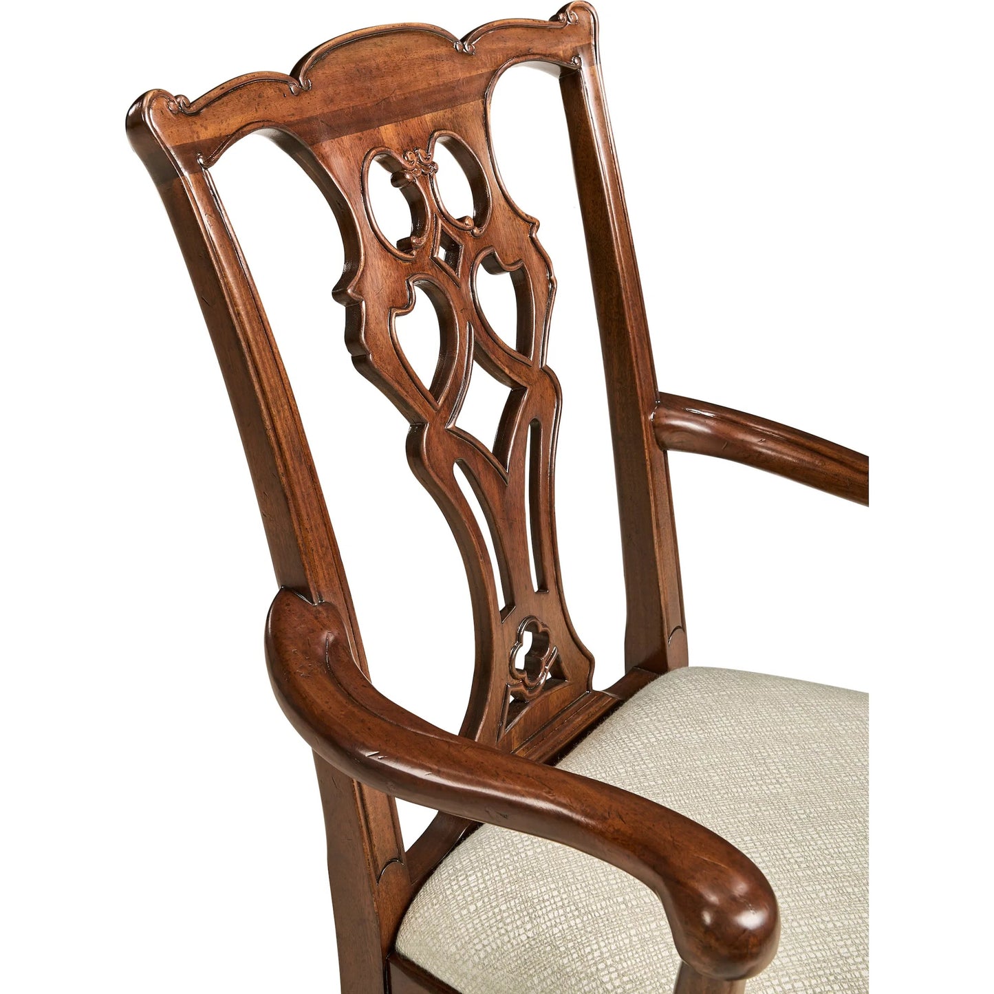 006 SI-2334492 | Closeup | Buckingham Chippendale Antique Mahogany Arm Chair by Jonathan Charles in skipper and medium antique mahogany. Made from acacia, fabric in a traditional style.