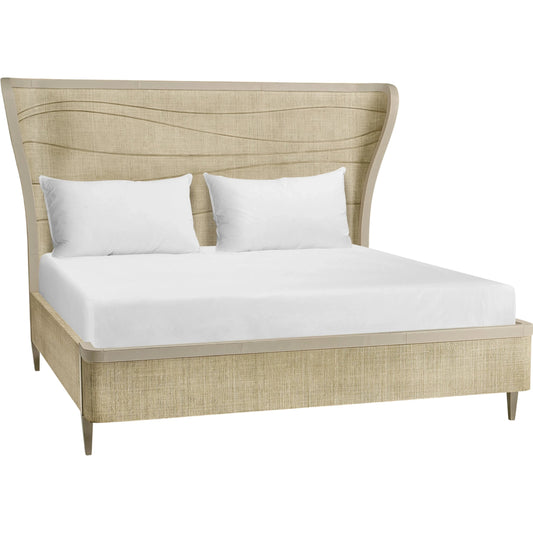 Water Seiche Woven Wing Wave Bed by Jonathan Charles in grasscloth. Made from hardwood solids, grass cloth, leather, metal in a unique style.