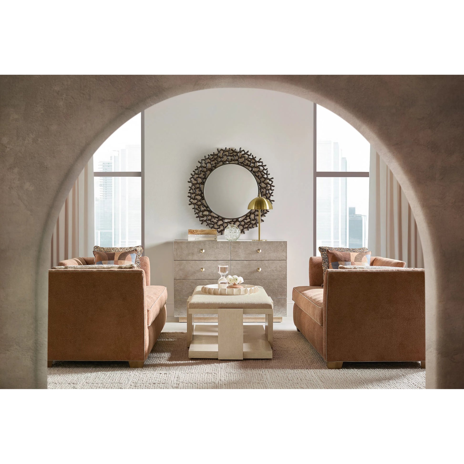 Westwood Rectangle Cocktail Table by Hooker Furniture in tillson cloud and polished limestone. Made from oak veneers, fabric in a transitional style.
