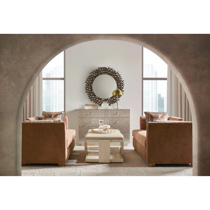 Westwood Rectangle Cocktail Table by Hooker Furniture in tillson cloud and polished limestone. Made from oak veneers, fabric in a transitional style.