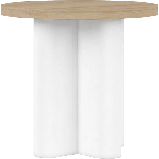 Garrison Round End Table by A.R.T. Furniture in washed oak, emory white. Made from parawood solids with ash embossing, white oak veneers, resin in a modern style.