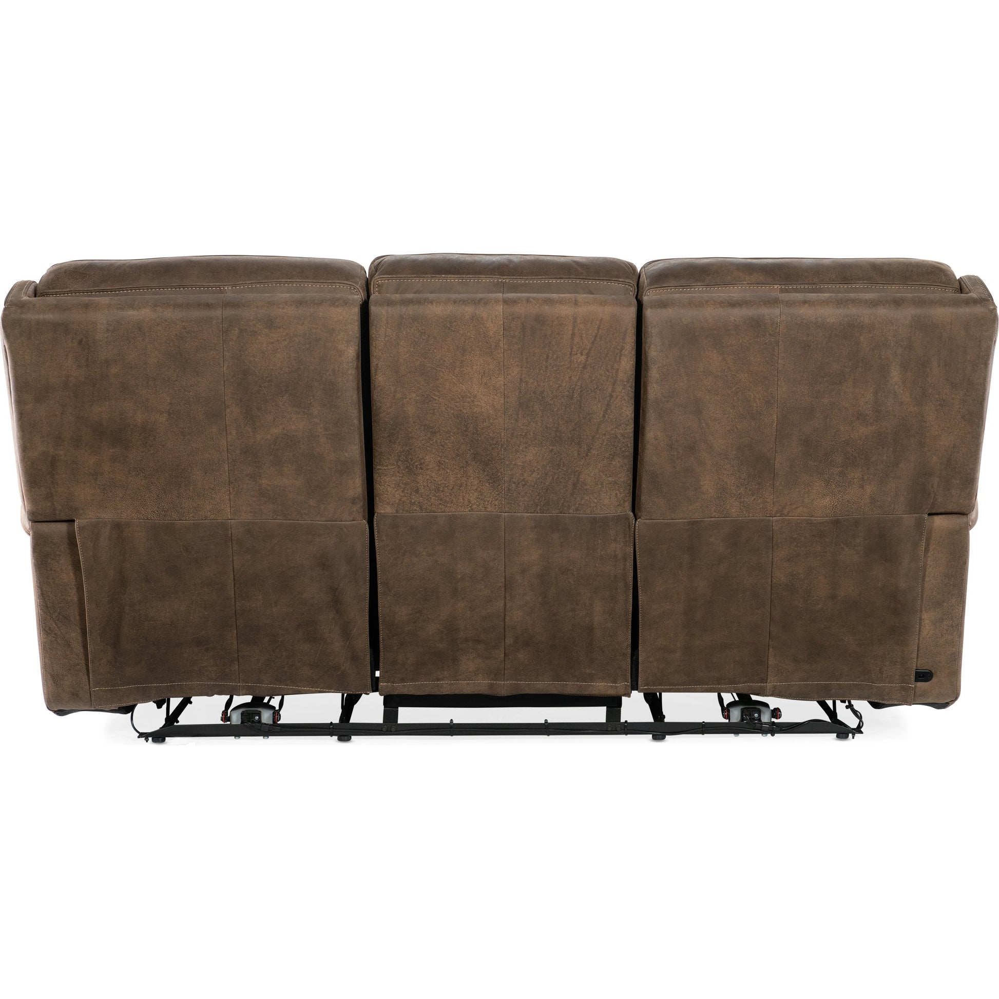 Wheeler Power Sofa by Hooker Furniture in seville timber. Made from leather, seville timber (aniline). seville timber features natural hallmarks of the trail such as fat wrinkles healed scars, scratches, mite marks. wax-b