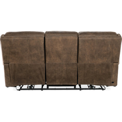 Wheeler Power Sofa by Hooker Furniture in seville timber. Made from leather, seville timber (aniline). seville timber features natural hallmarks of the trail such as fat wrinkles healed scars, scratches, mite marks. wax-b
