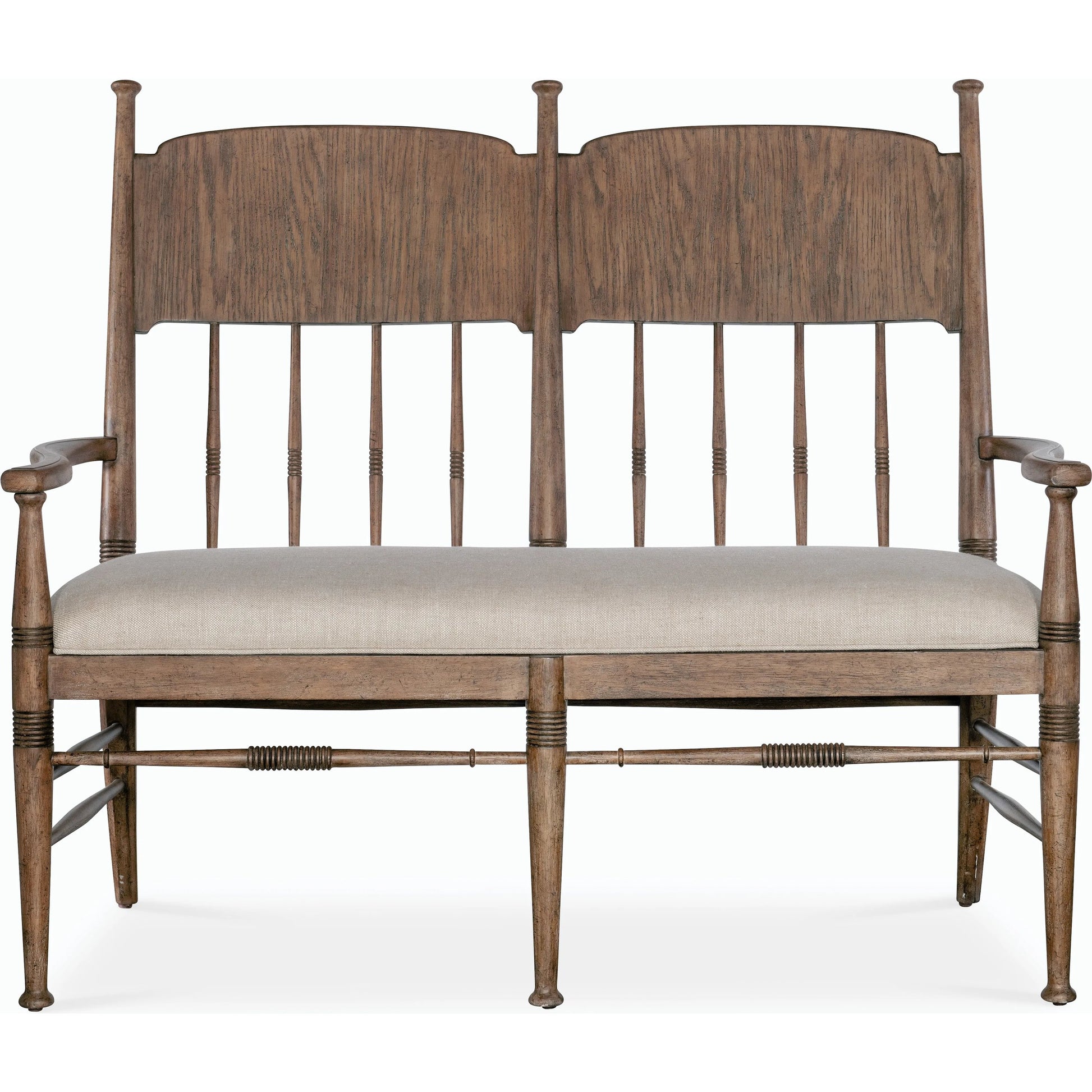 Americana Dining Bench by Hooker Furniture in beige. Made from oak veneers and fabric in a cottage & farmhouse style.