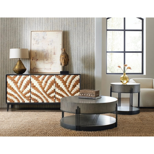 Commerce and Market Skyline Side Table by Hooker Furniture in dark wood, dark bronze. Made from sheet metal, metal tube, acacia veneers in a modern style.