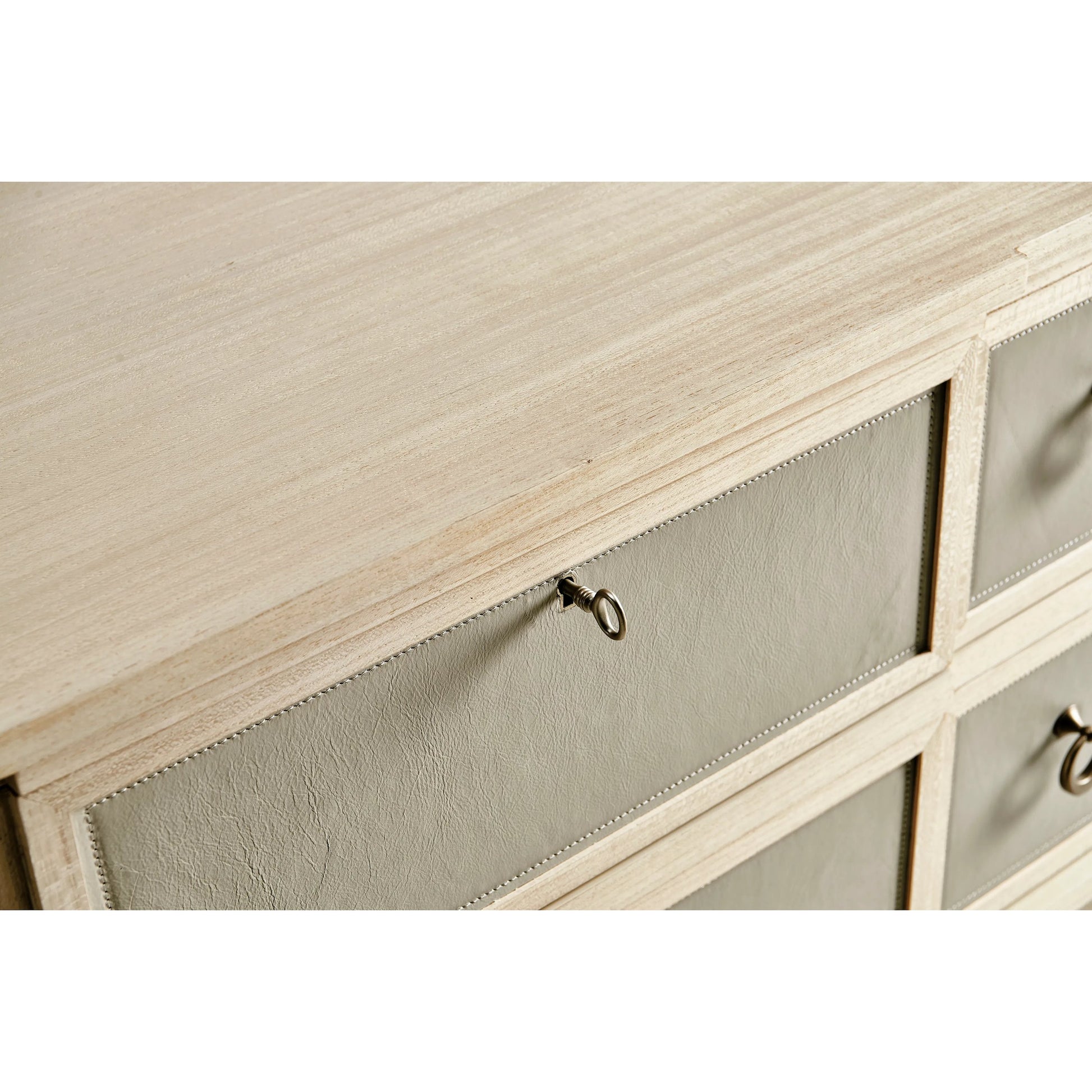 Water Neap Leather Front Chest by Jonathan Charles in ash blonde. Made from died koto veneer, leather, brass in a transitional style.
