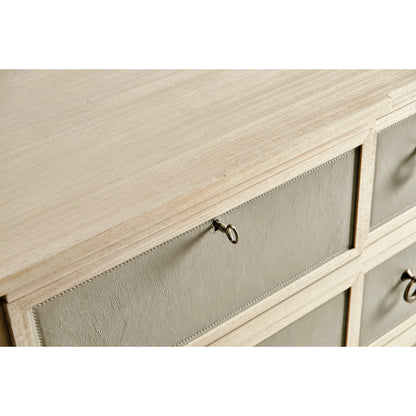Water Neap Leather Front Chest by Jonathan Charles in ash blonde. Made from died koto veneer, leather, brass in a transitional style.