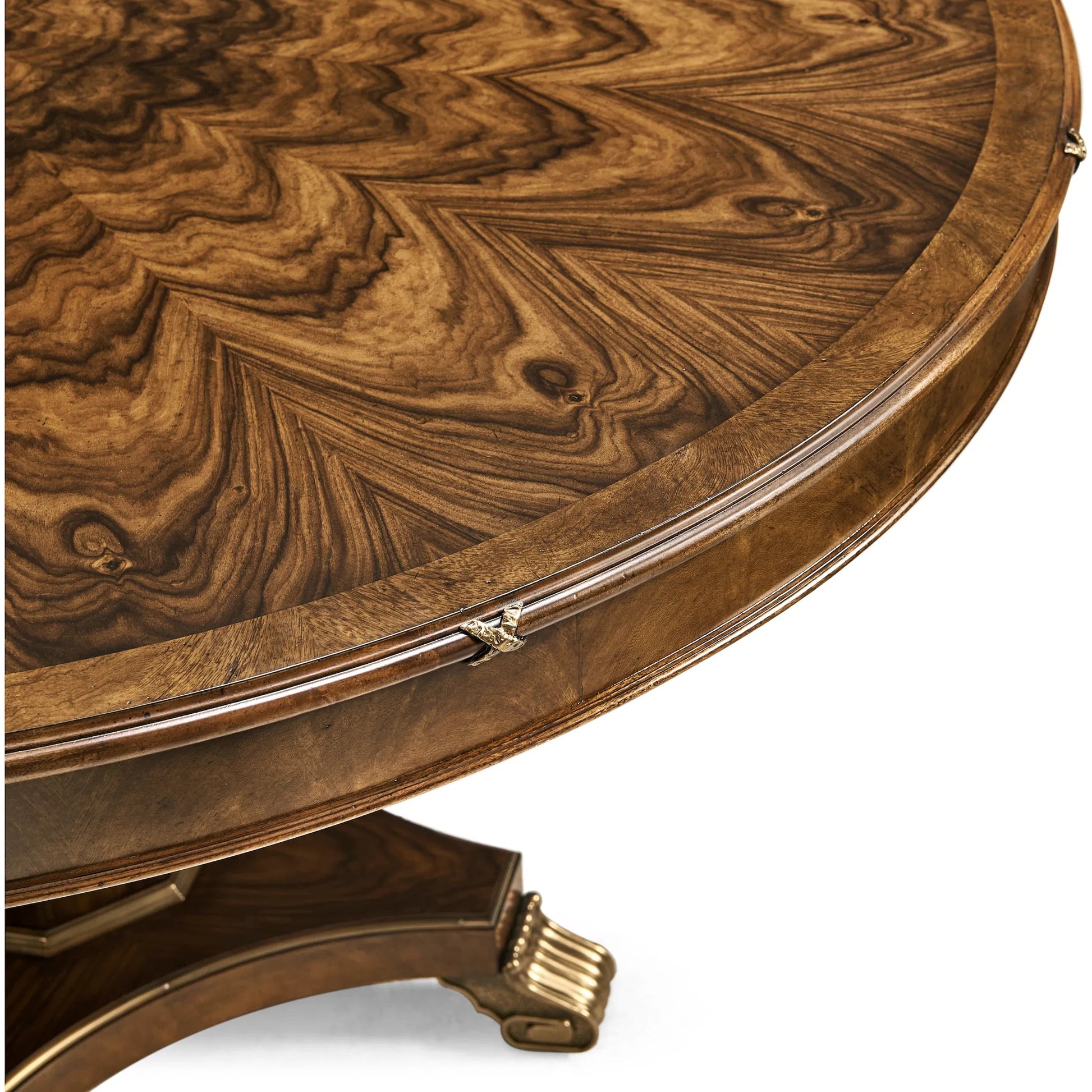 Viceroy Round Dining Table by Jonathan Charles in brown and santos brown, antique brass. Made from mahogany, cerejeira veneers, santos rosewood crown veneers, brass in a traditional style.