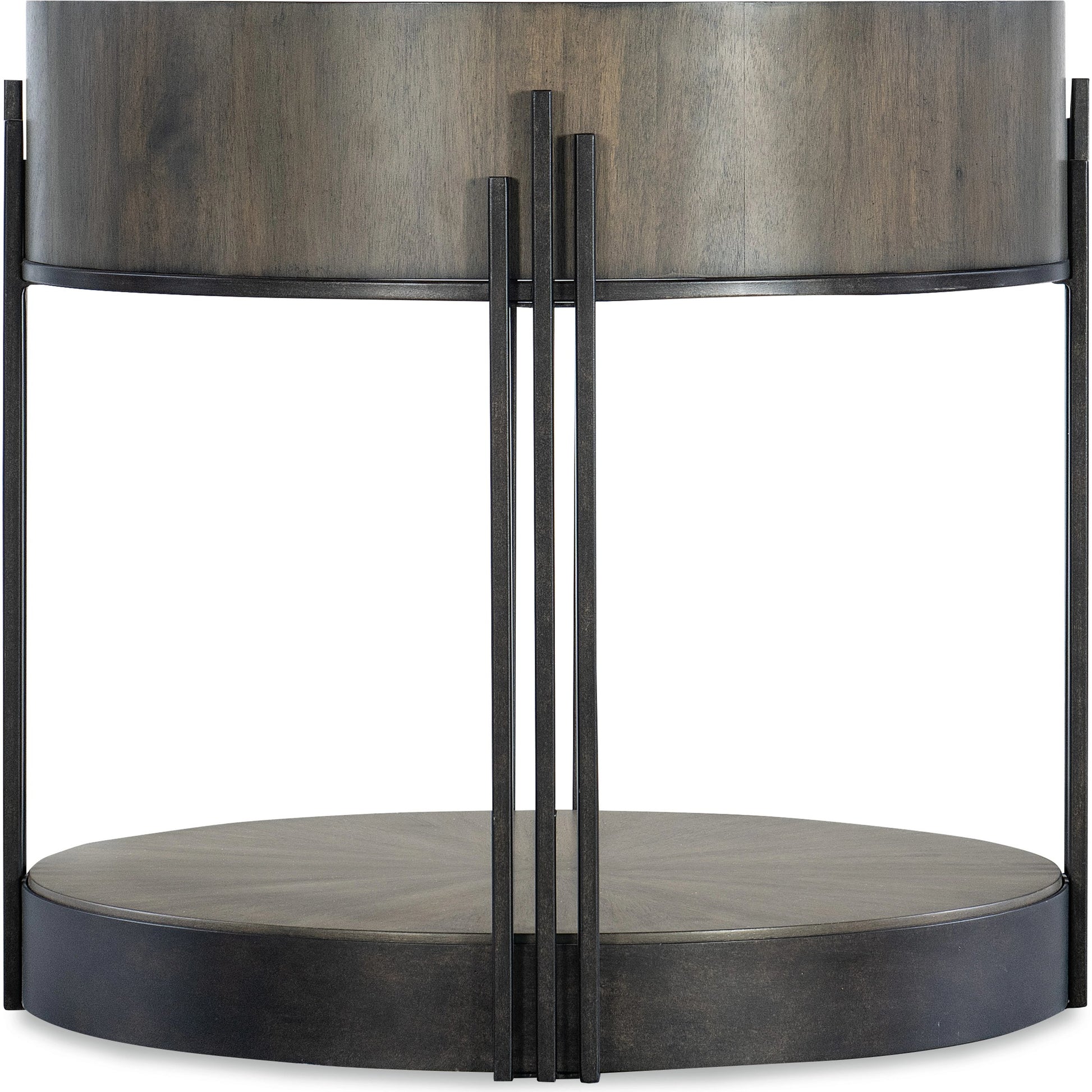Commerce and Market Skyline Side Table by Hooker Furniture in dark wood, dark bronze. Made from sheet metal, metal tube, acacia veneers in a modern style.
