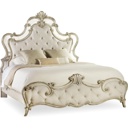 Sanctuary Upholstered Bed by Hooker Furniture in beige and bardot. Made from hardwoods, resin, fabric, mirror in a traditional style.