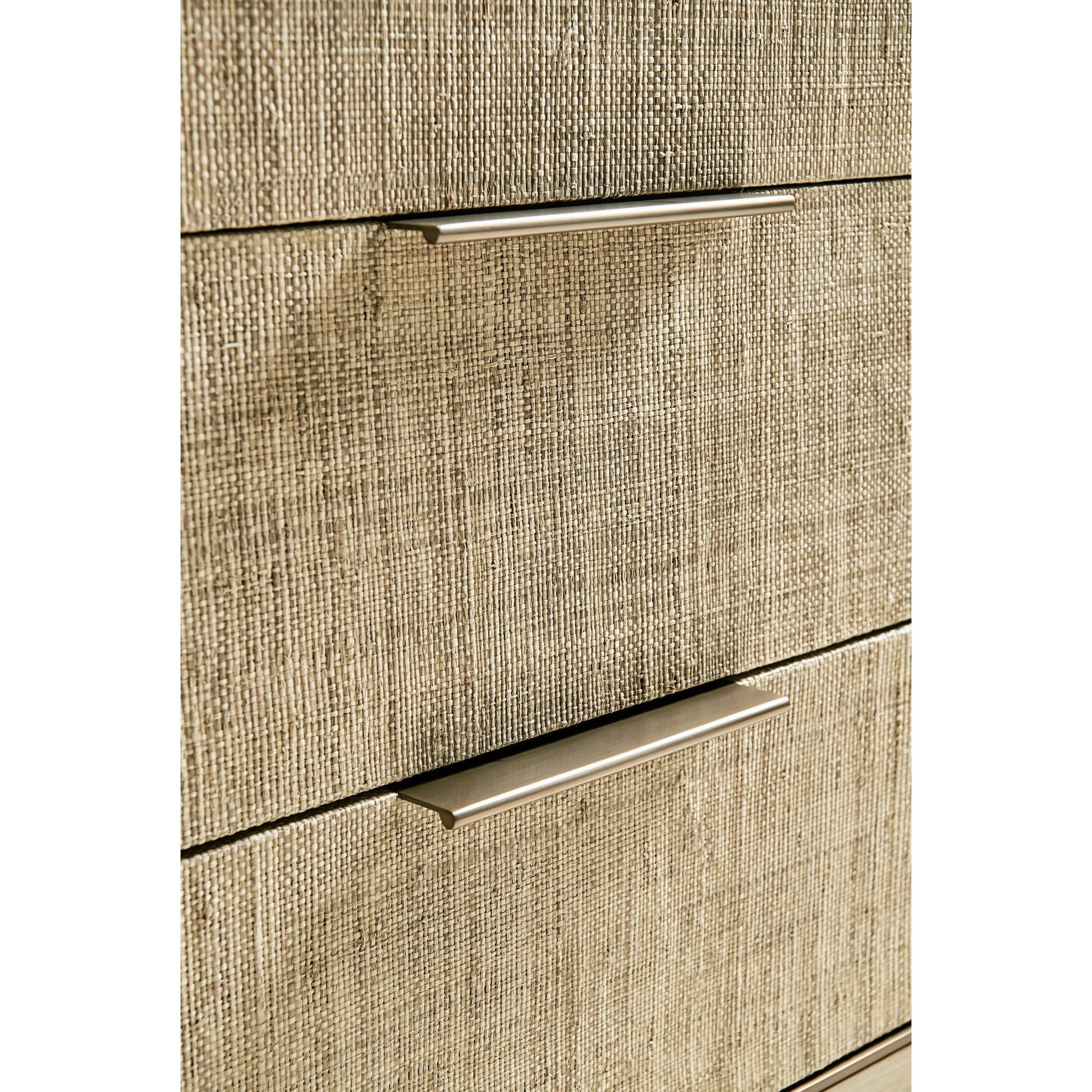 Water Seiche Large Grasscloth Nightstand by Jonathan Charles in whitewash oak. Made from oak, grass cloth, brass in a transitional style.