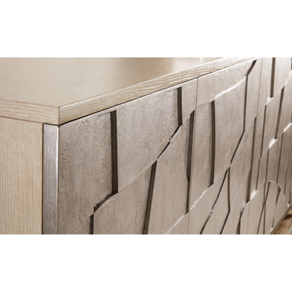 Westwood Credenza by Hooker Furniture in venetian dawn silver-leaf and polished limestone. Made from oak veneers in a modern style.
