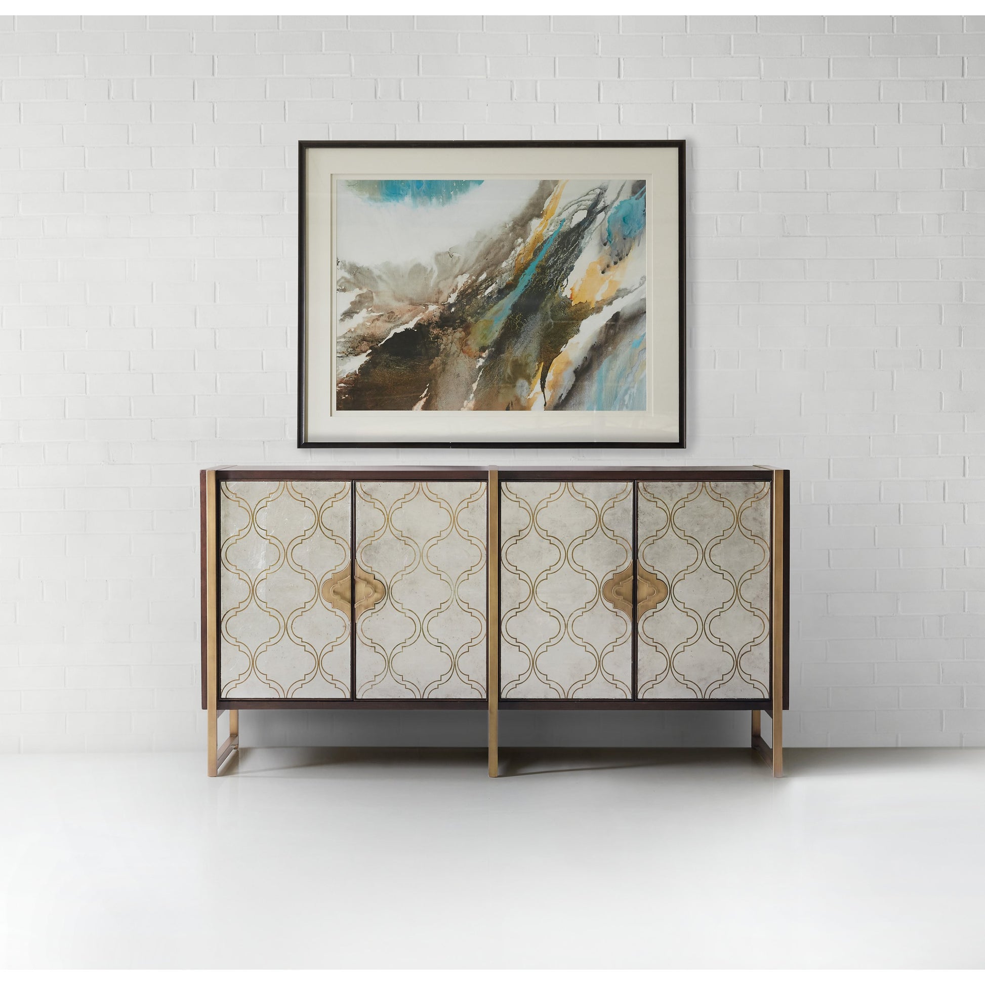 Classic Credenza by Hooker Furniture in dark walnut, matte gold. Made from black walnut veneer, metal, glass in a traditional style.