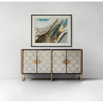 Classic Credenza by Hooker Furniture in dark walnut, matte gold. Made from black walnut veneer, metal, glass in a traditional style.