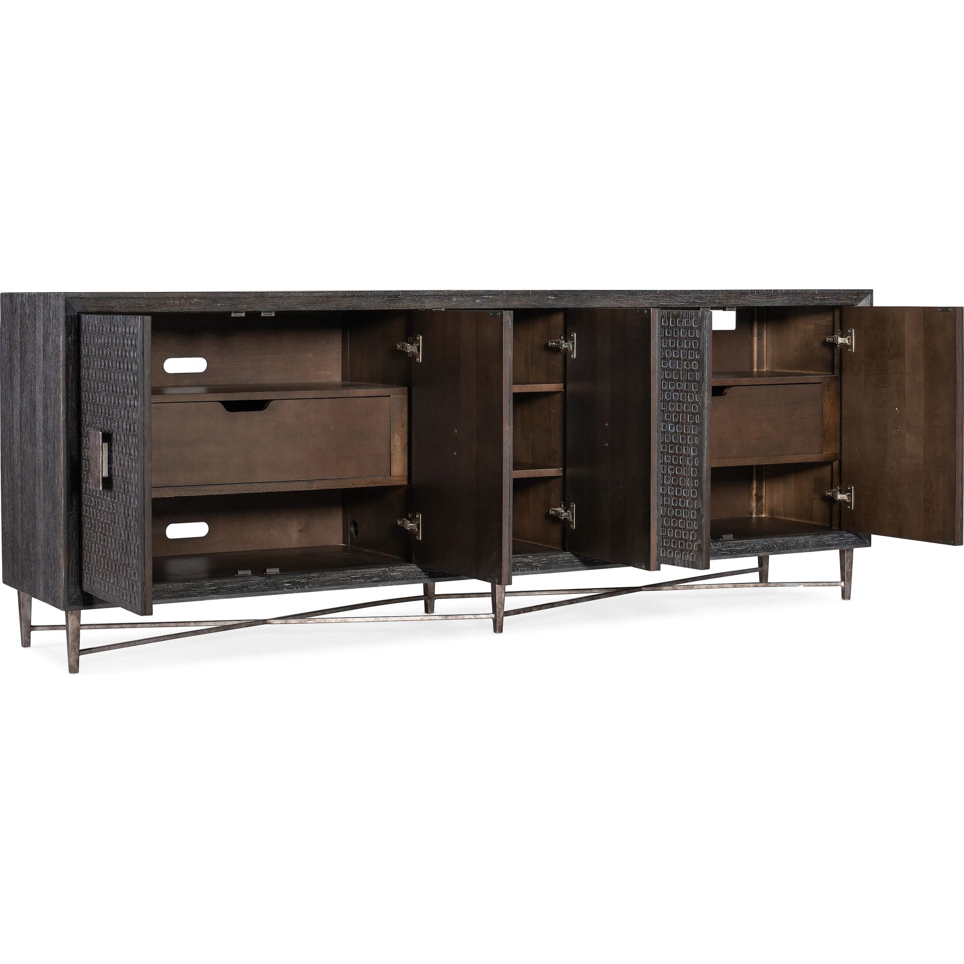 Melange Keenan Five Door Credenza by Hooker Furniture in dark wood, silver metal. Made from unique in a modern style.