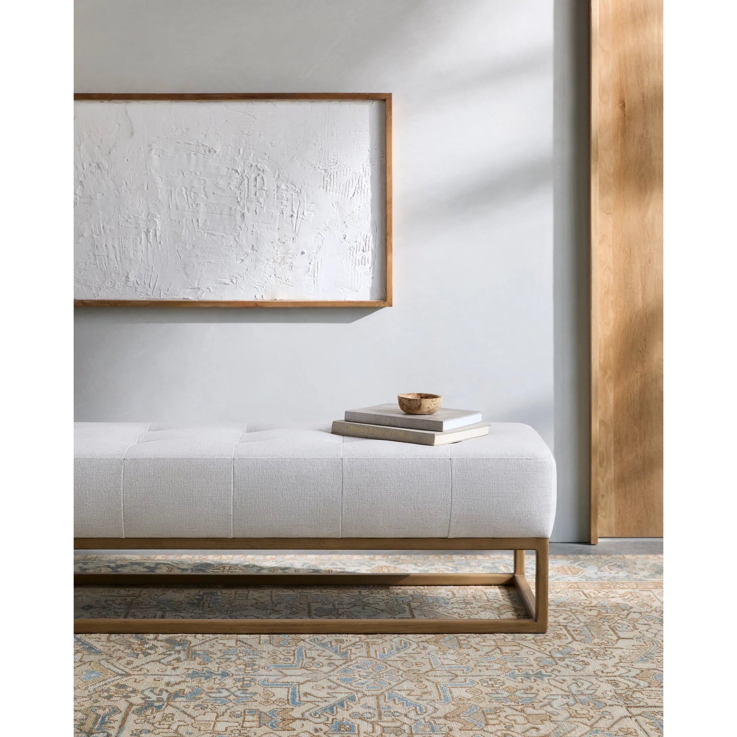 004 SI-2258133 | Lifestyle | Willis Bench by Surya in light beige, brown. Made from polyester, linen, ash wood, plywood, hollow fill fiber, dacron in a transitional style.