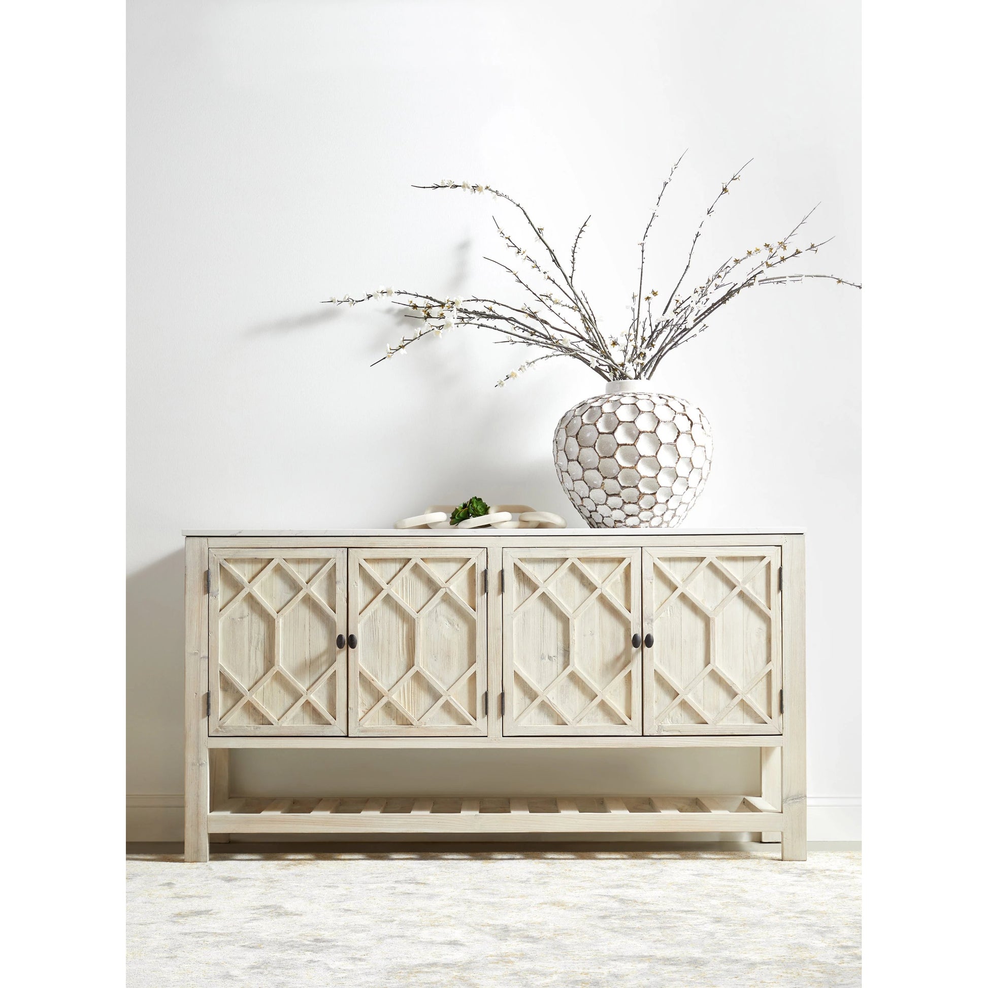 Willow Sideboard by Essentials For Living in white wash pine, white quartz. Made from solid pine wood, solid quartz in a modern style.