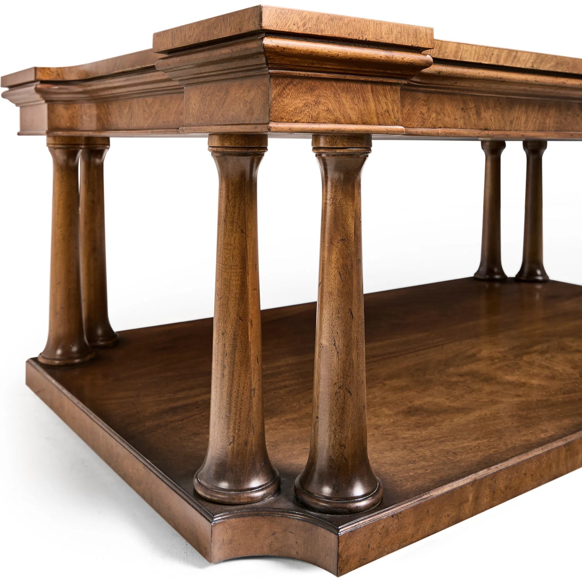 Hattie Cocktail Table by Jonathan Charles in medium crotch walnut. Made from main cerejeira veneer in a unique style.
