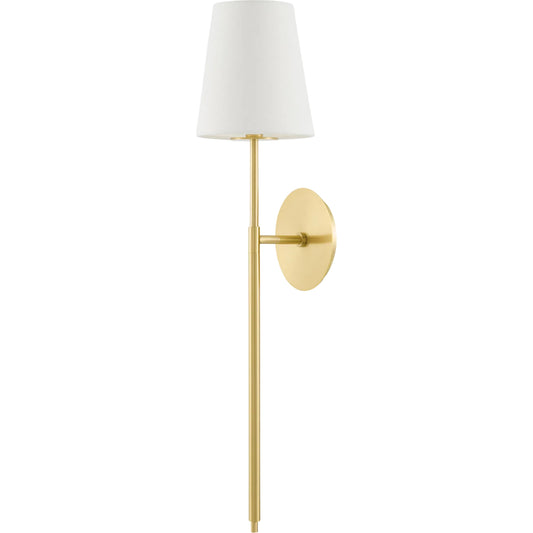 Wivelle Wall Sconce by Surya in brass. Made from iron, linen in a transitional style.