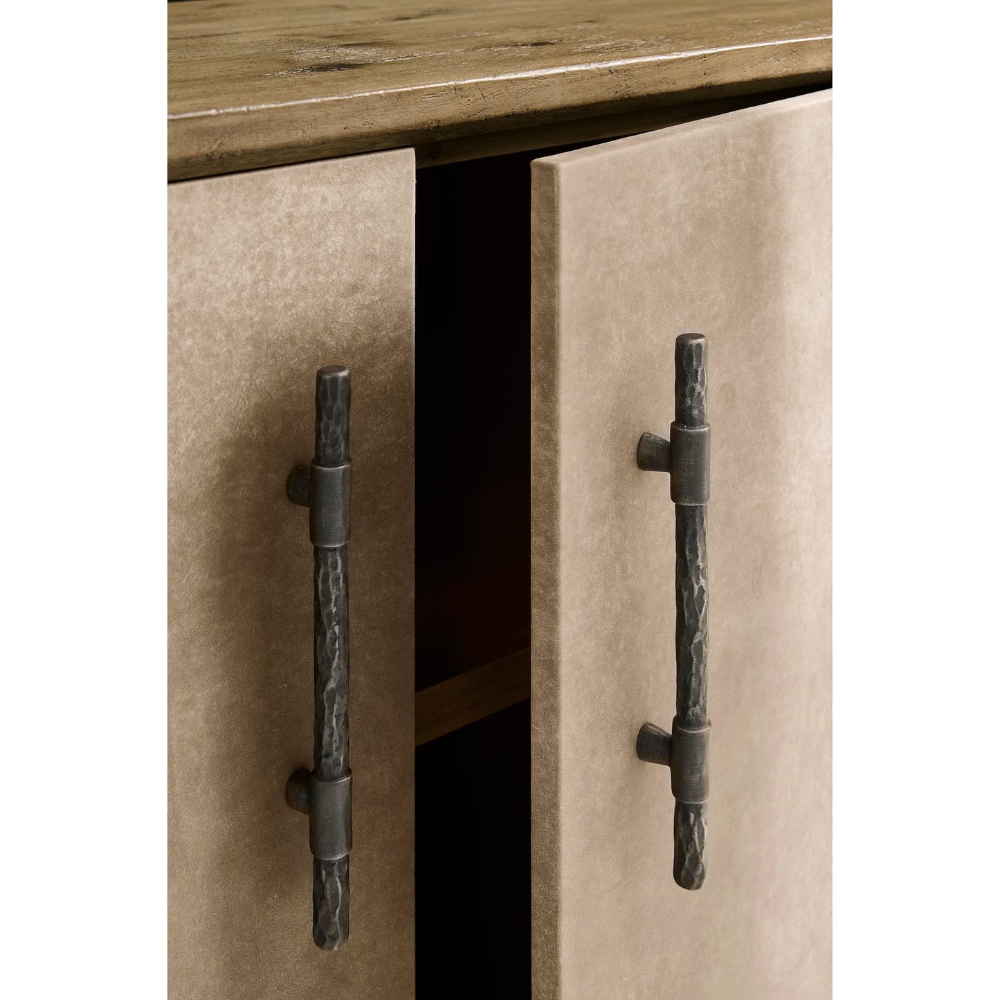 008 SI-2462629 | Closeup | Stone Ridge Leather Credenza by Jonathan Charles in tully light acacia. Made from acacia in a transitional style.