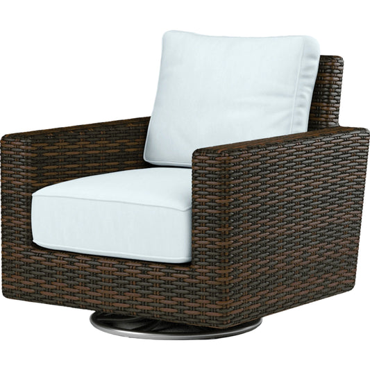 Montecito Outdoor Swivel Rocker Club Chair by Sunset West in cognac. Made from resin wicker in a modern style.
