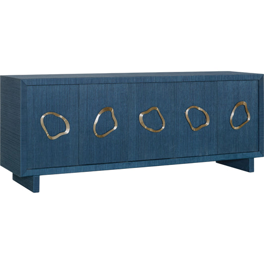 Commerce and Market Paige Five-Door Credenza by Hooker Furniture in blue and blue raffia, pewter hardware. Made from raffia wrapped in a unique style.