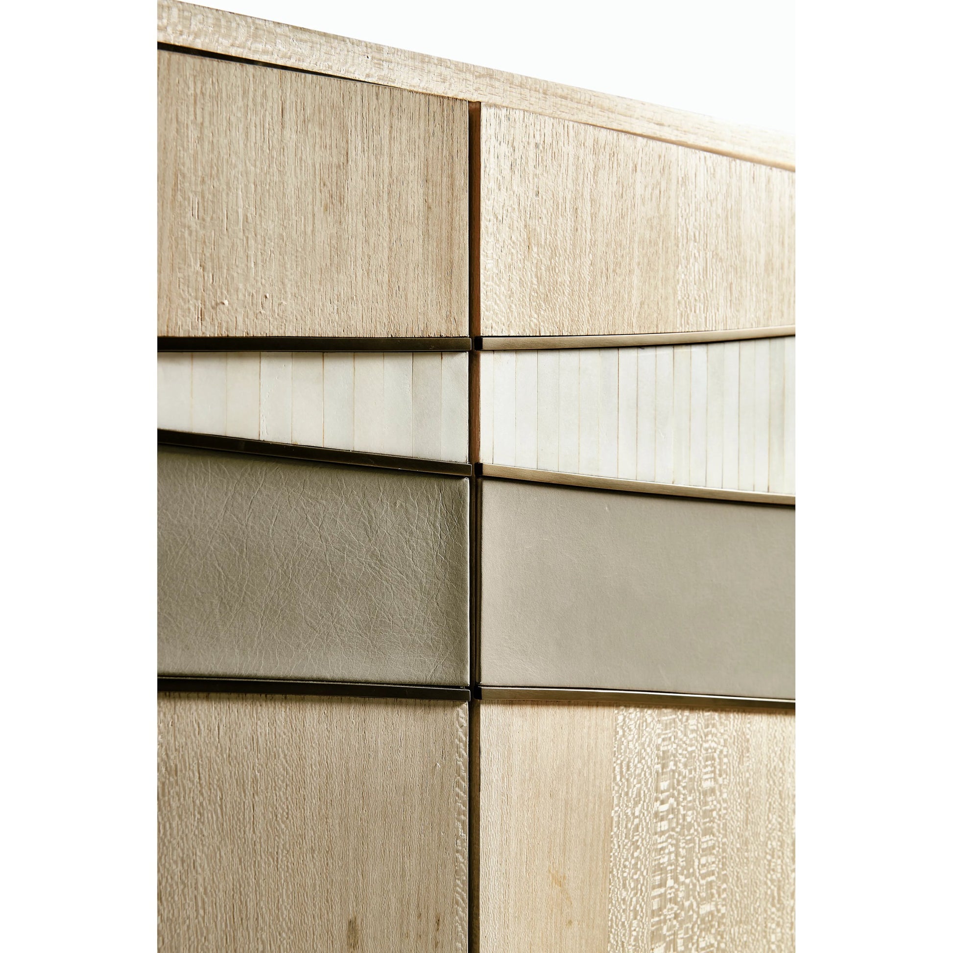 Water Breaker Mixed Media Credenza by Jonathan Charles in beige and ash blonde. Made from dyed koto veneer, bone, leather, metal in a transitional style.