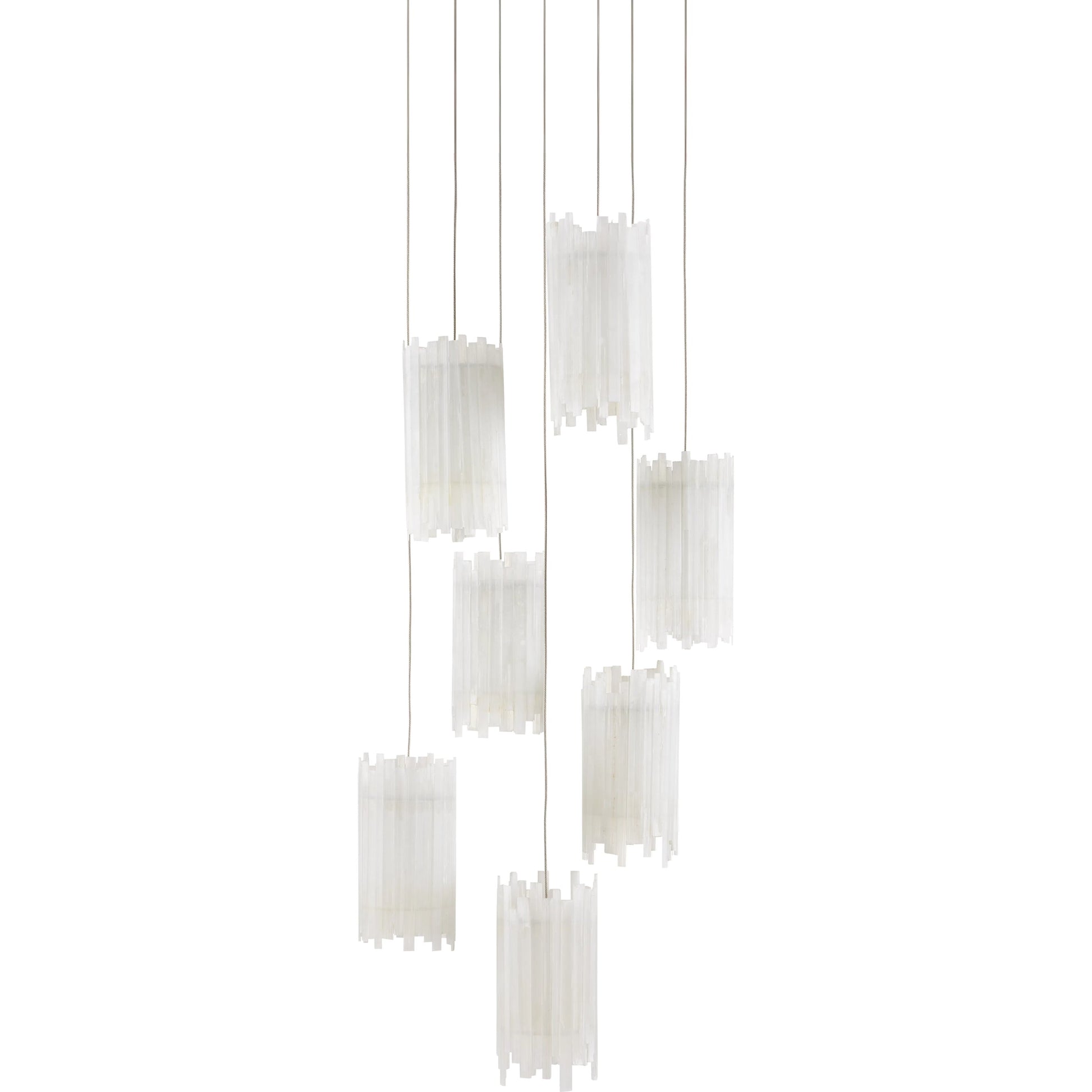 Escenia 7-Light Multi-Drop Pendant by Currey and Company in natural selenite, silver. Made from selenite, frosted glass in a transitional style.