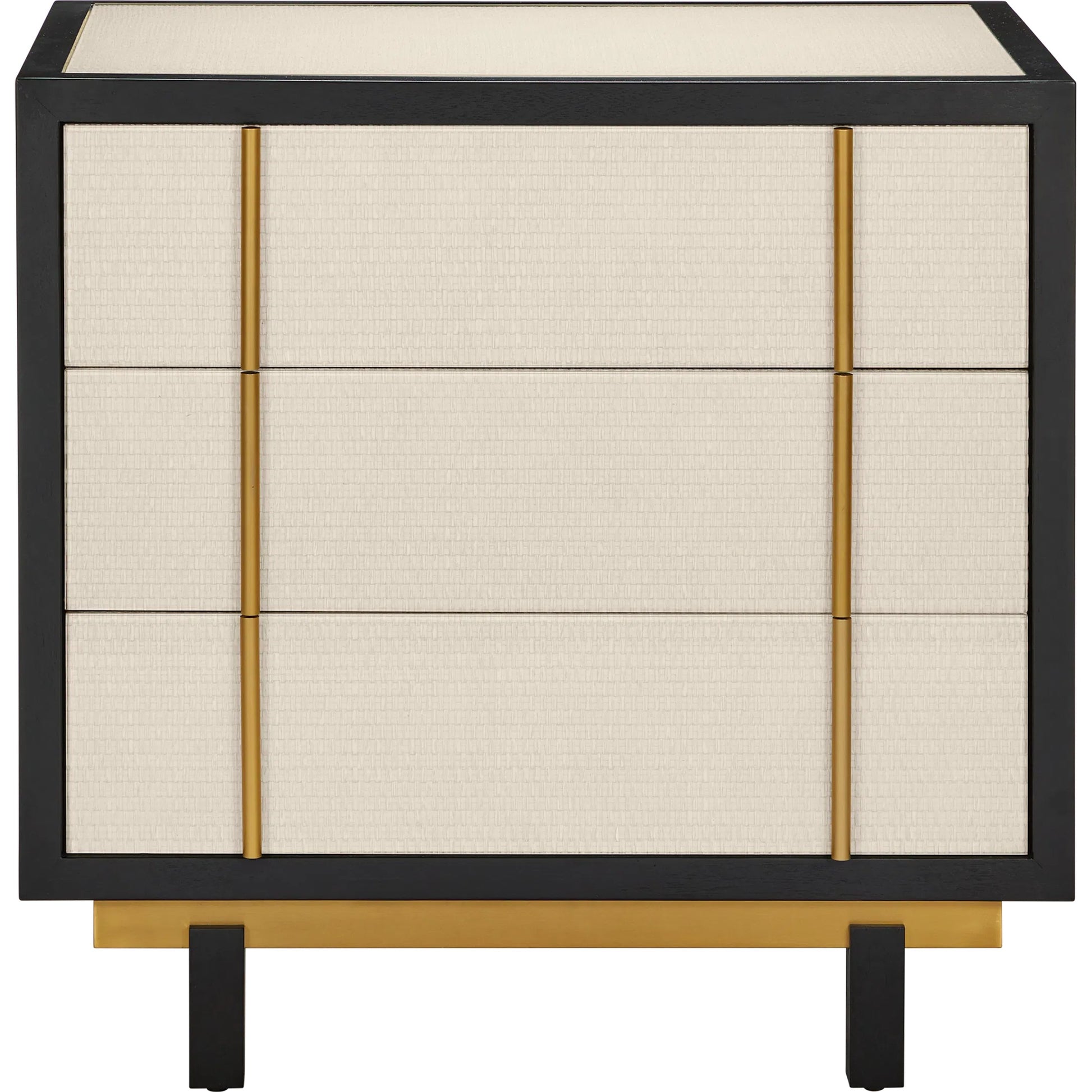 Deanna Raffia Nightstand by Currey and Company in ivory, black, brushed brass, natural, dusty blue, clear. Made from raffia, okume veneer, stainless steel, sycamore veneer, tempered glass in a modern style.