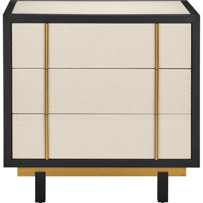 Deanna Raffia Nightstand by Currey and Company in ivory, black, brushed brass, natural, dusty blue, clear. Made from raffia, okume veneer, stainless steel, sycamore veneer, tempered glass in a modern style.