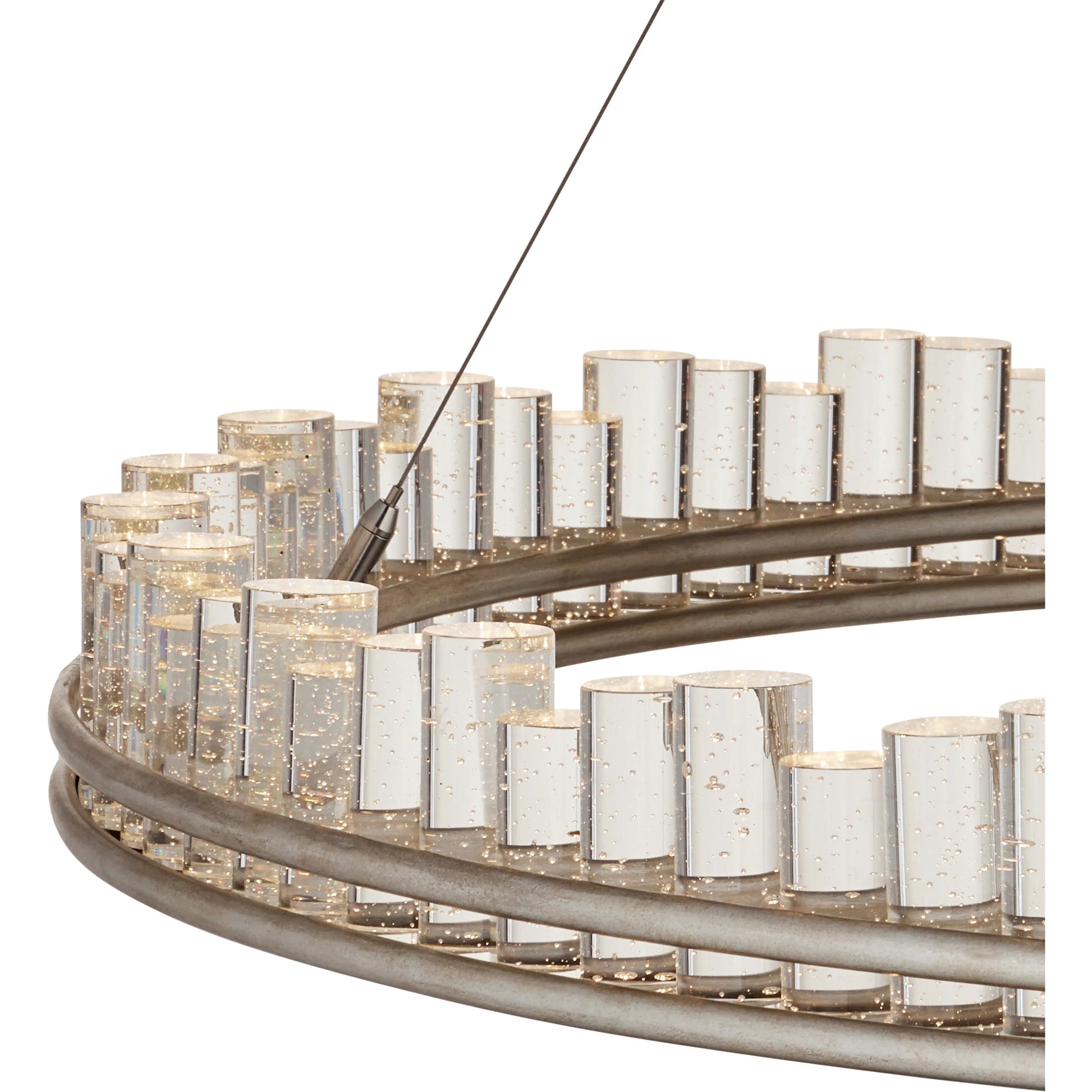 Pleiades Chandelier by Currey and Company in contemporary silver leaf, contemporary silver, clear. Made from wrought iron, seeded crystal in a modern style.