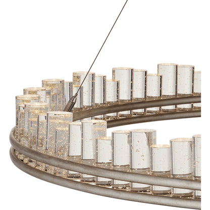 Pleiades Chandelier by Currey and Company in contemporary silver leaf, contemporary silver, clear. Made from wrought iron, seeded crystal in a modern style.