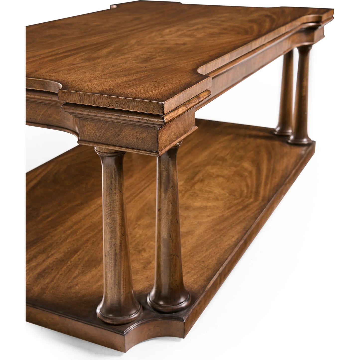 007 SI-2535724 | Closeup | Hattie Cocktail Table by Jonathan Charles in medium crotch walnut. Made from main cerejeira veneer in a unique style.