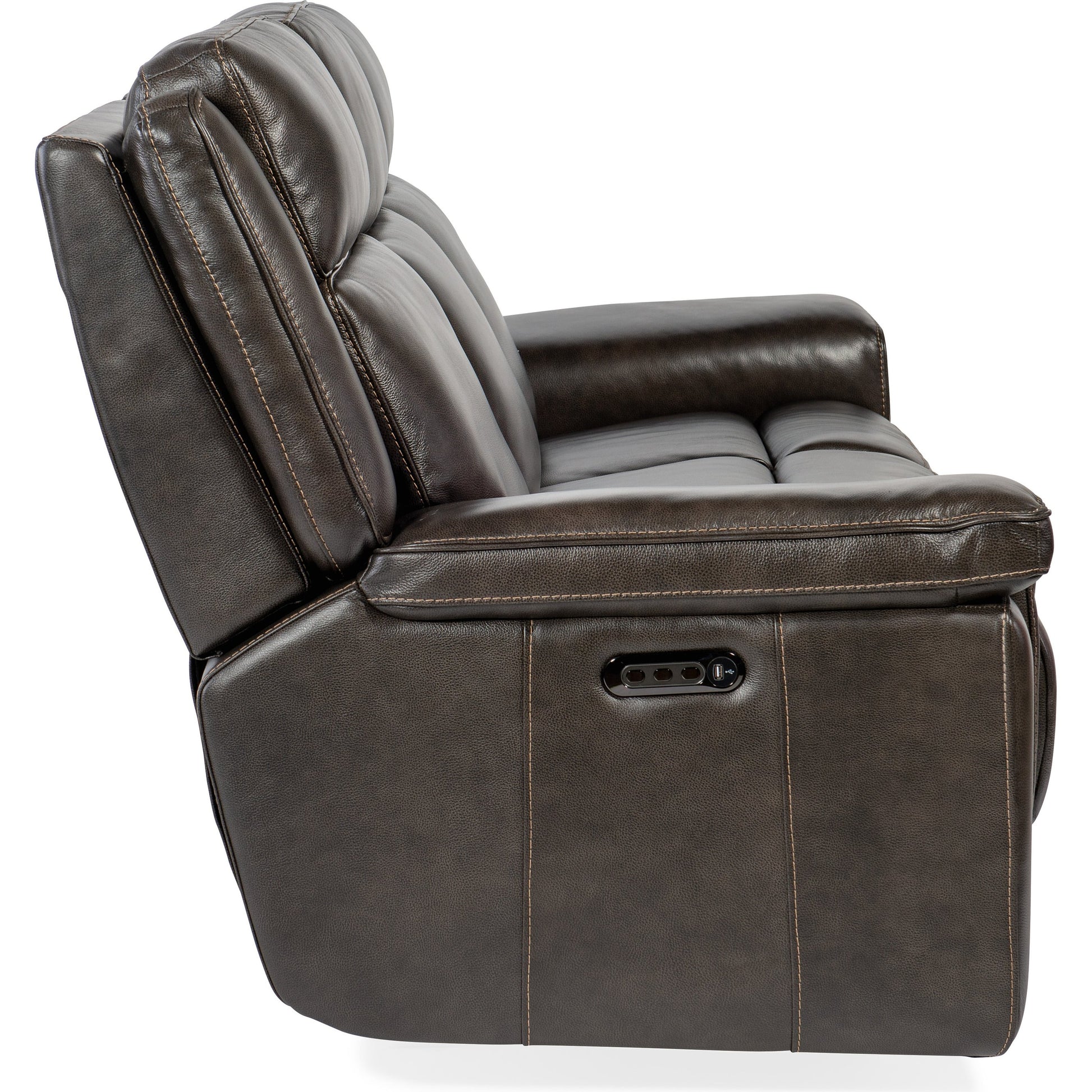 Montel Lay Flat Power Sofa by Hooker Furniture in cosmos cobalt. Made from leather in a traditional style.