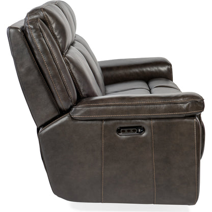 Montel Lay Flat Power Sofa by Hooker Furniture in cosmos cobalt. Made from leather in a traditional style.