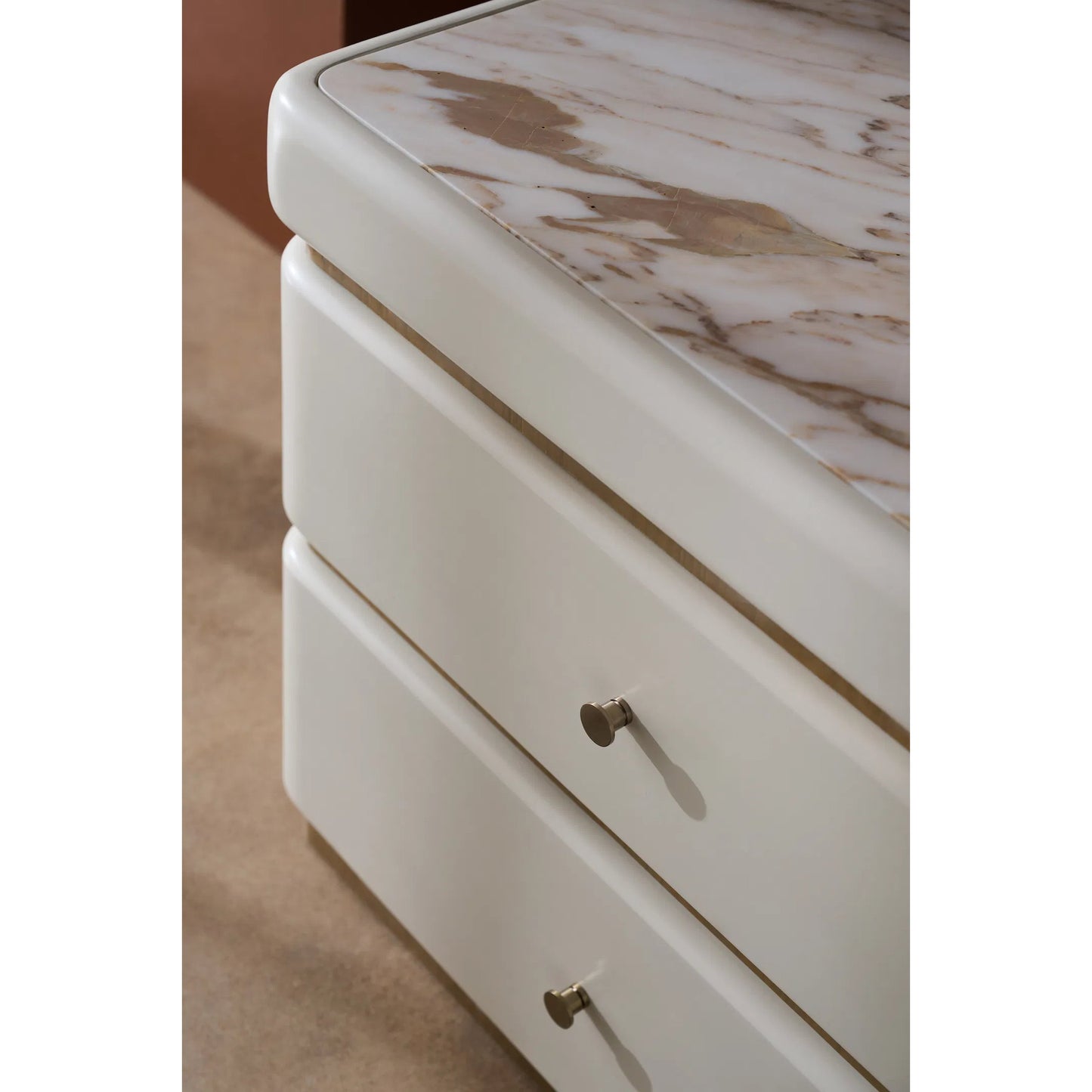 006 SI-2193880 | Closeup | Milos Nightstand by Caracole in almond milk, toasted pecan. Made from acacia, marble, birch in a modern style.