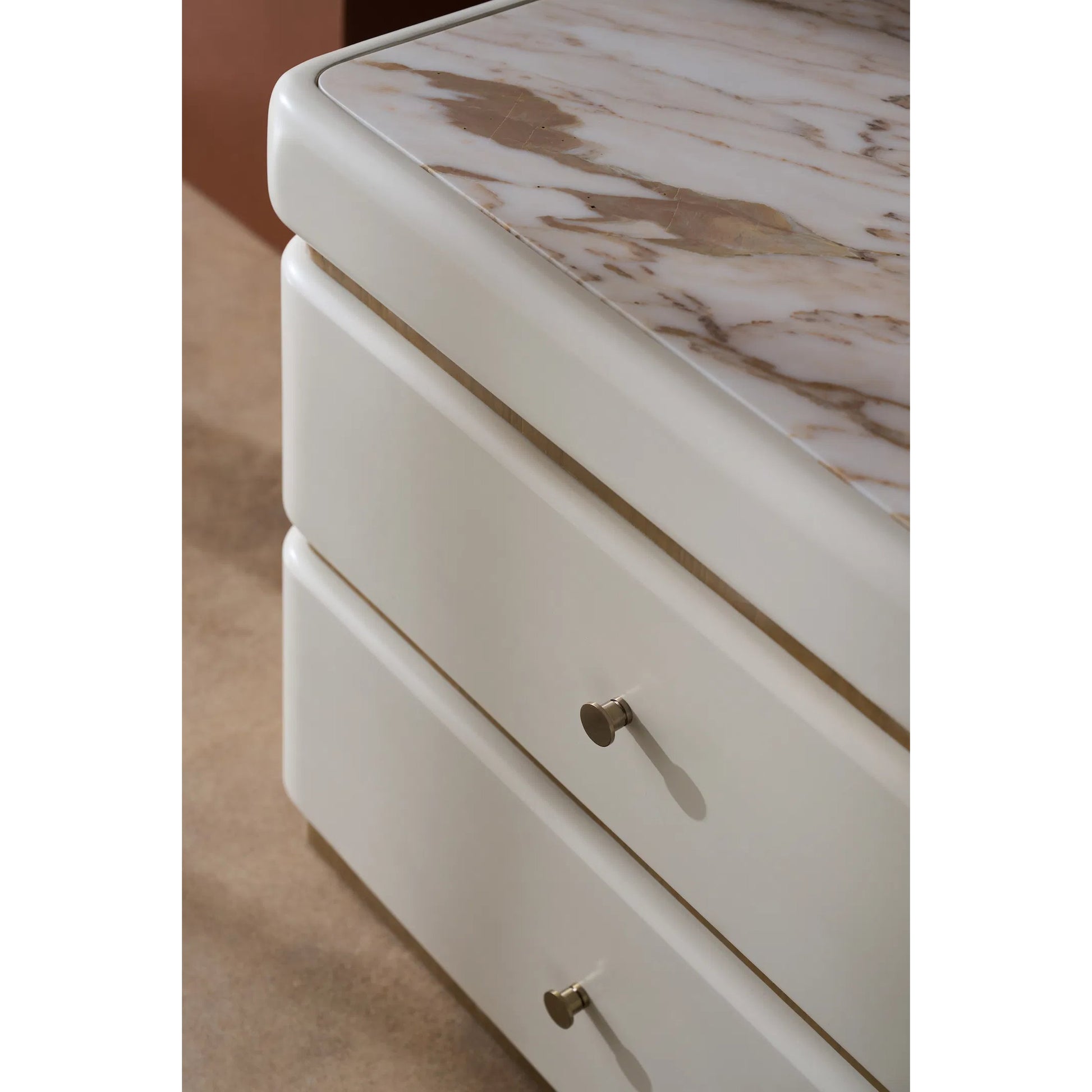 Milos Nightstand by Caracole in almond milk, toasted pecan. Made from acacia, marble, birch in a modern style.