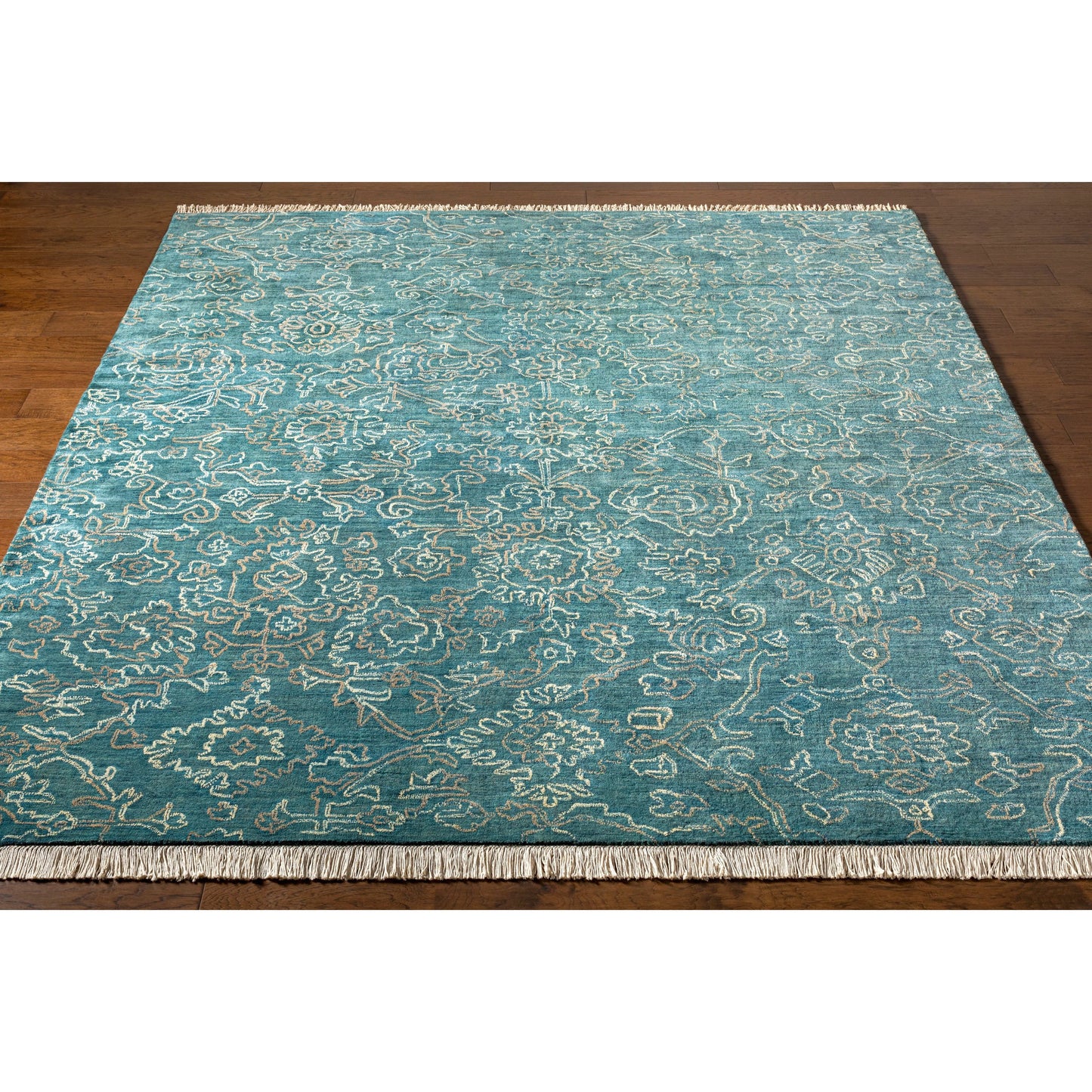 003 102459-26661,102459-26662,102459-26663,102459-26665 | Closeup | Wilmington Rug - 23236 by Surya in dark blue, teal, oatmeal, light brown. Made from 100% wool in a unique style.