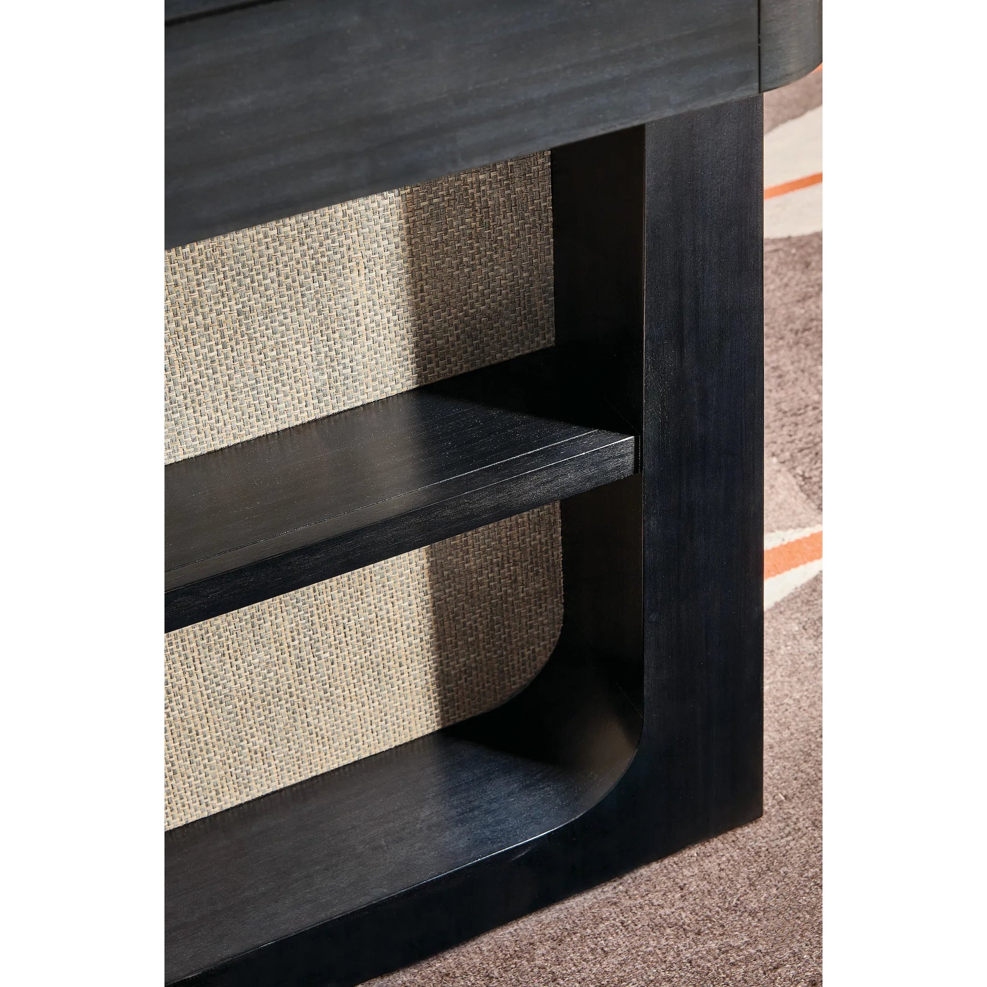 Kenzo Adjustable-Height Desk by Hooker Furniture in black and classic black. wood grain. Made from eucalyptus veneers, raffia in a unique style.