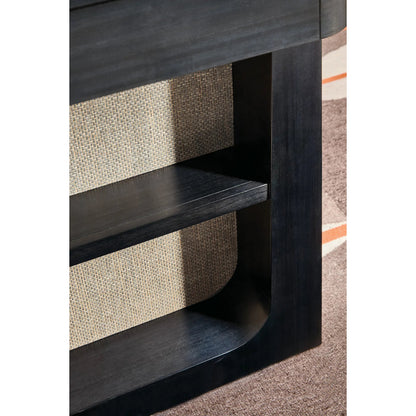 Kenzo Adjustable-Height Desk by Hooker Furniture in black and classic black. wood grain. Made from eucalyptus veneers, raffia in a unique style.