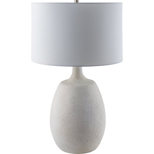 Wailea Table Lamp by Surya in body: white, metallic - nickel, shade: white, finial: metallic - nickel, harp: metallic - nickel, cord: translucent and hand finished. Made from body: cement, metal, shade (outside): cotton, 