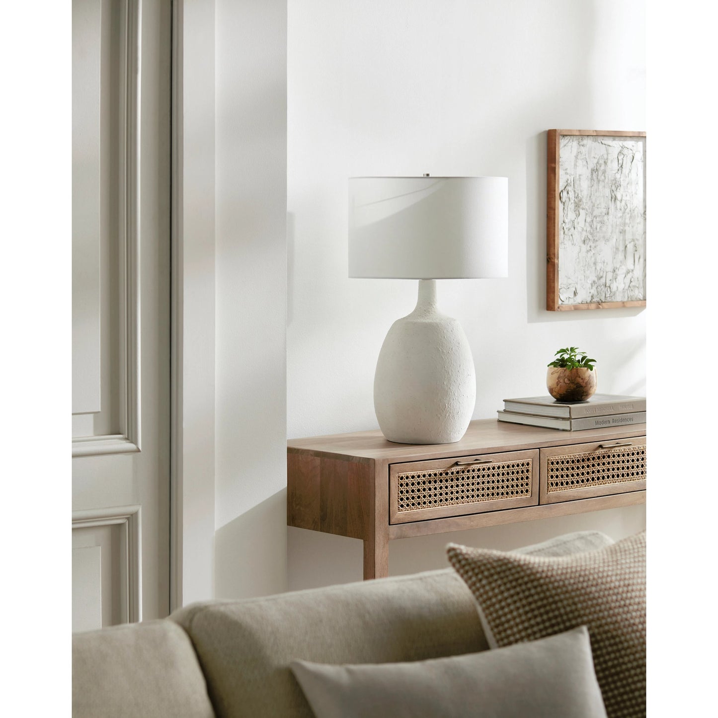003 SI-2054054 | Lifestyle | Wailea Table Lamp by Surya in white, translucent, metallic nickel and hand finished. Made from body: cement, metal, shade (outside): cotton, finial: metal in a modern style.