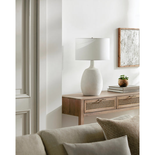 Wailea Table Lamp by Surya in body: white, metallic - nickel, shade: white, finial: metallic - nickel, harp: metallic - nickel, cord: translucent and hand finished. Made from body: cement, metal, shade (outside): cotton, finial