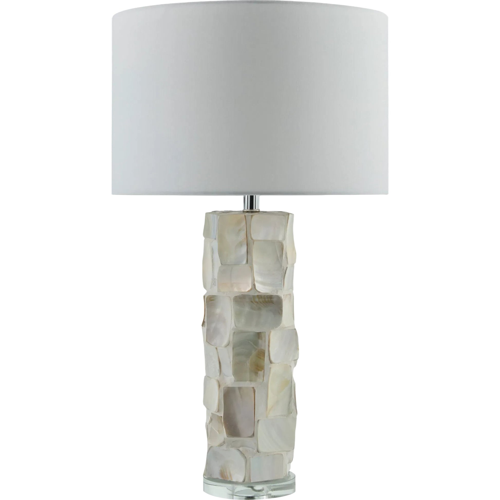 Walvis Accent Table Lamp by Livabliss in body: cream, clear; base: clear; shade: white; finial: clear; harp: metallic - nickel; cord: translucent and plated, inlaid, translucent. Made from shell, crystal, linen, polyester in